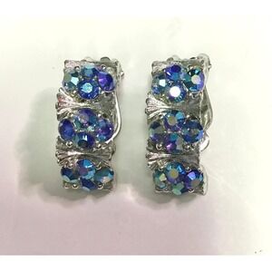 Vintage Lisner Blue Aurora Borealis Rhinestone Silver Tone Clip-on Earrings MCM
